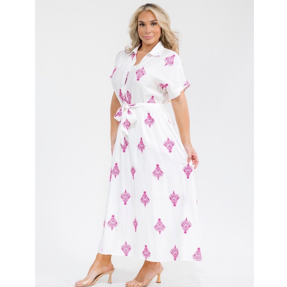 Embroidery Plus Size Button Up Self Tie Maxi Dress - Picture 3 of 5